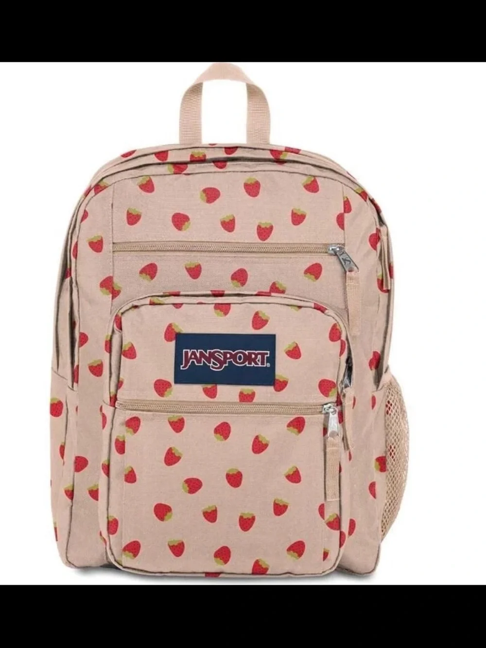 Jansport Beige Backpack with Red Strawberry Print
